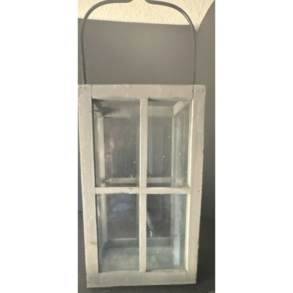 Rustic Gray Hanging Wooden & Glass Lantern, Medium Rectangle, Matte Finish